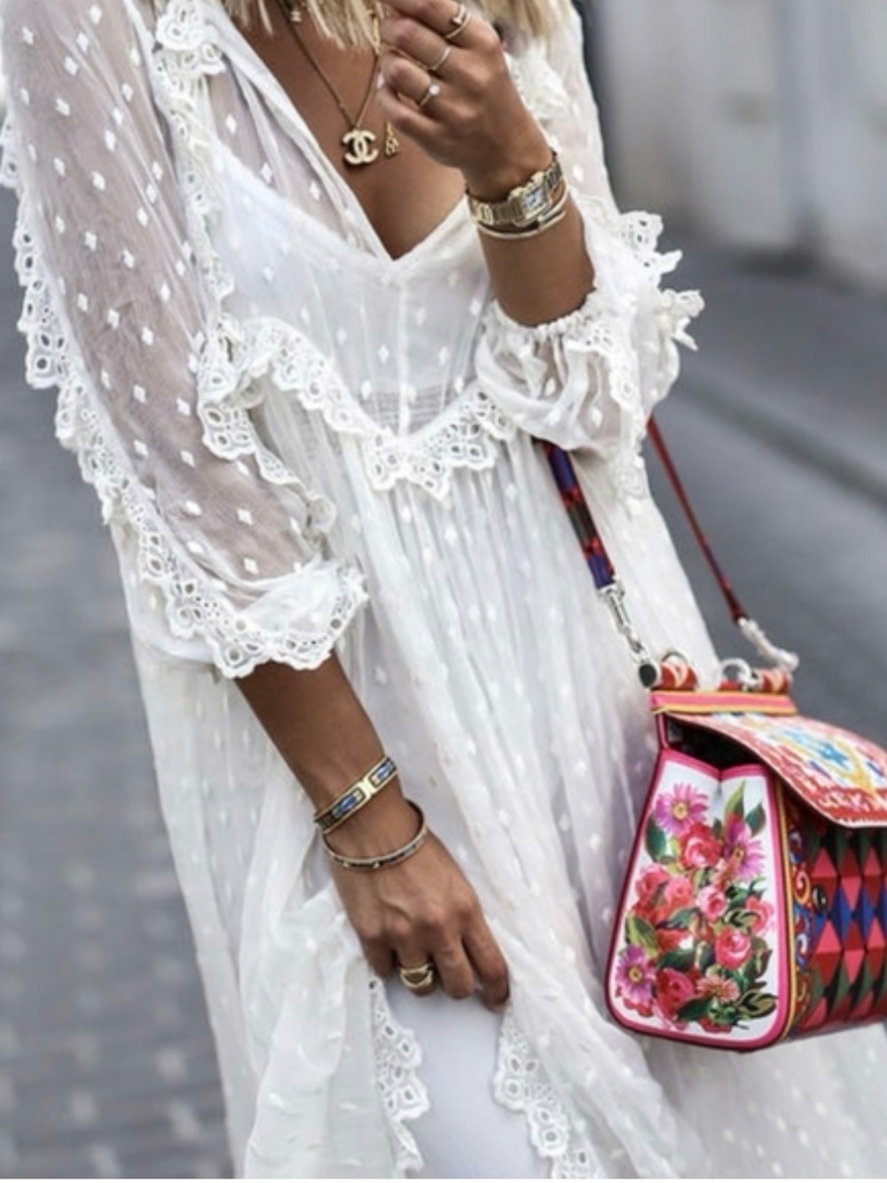 SEMICOUTURE- Italy/Sheer Swiss Dot White Maxi Dress - Picture 3 of 7